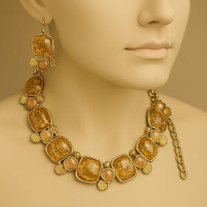 Gold-Tone Statement Necklace & Stone Drop Earrings Set – Elegant Women’s Jewelry